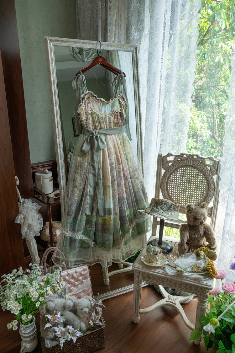 Green Oil Painting Spring Sleeveless Print Ruffle Bow Lace Sweet Jsk Dress