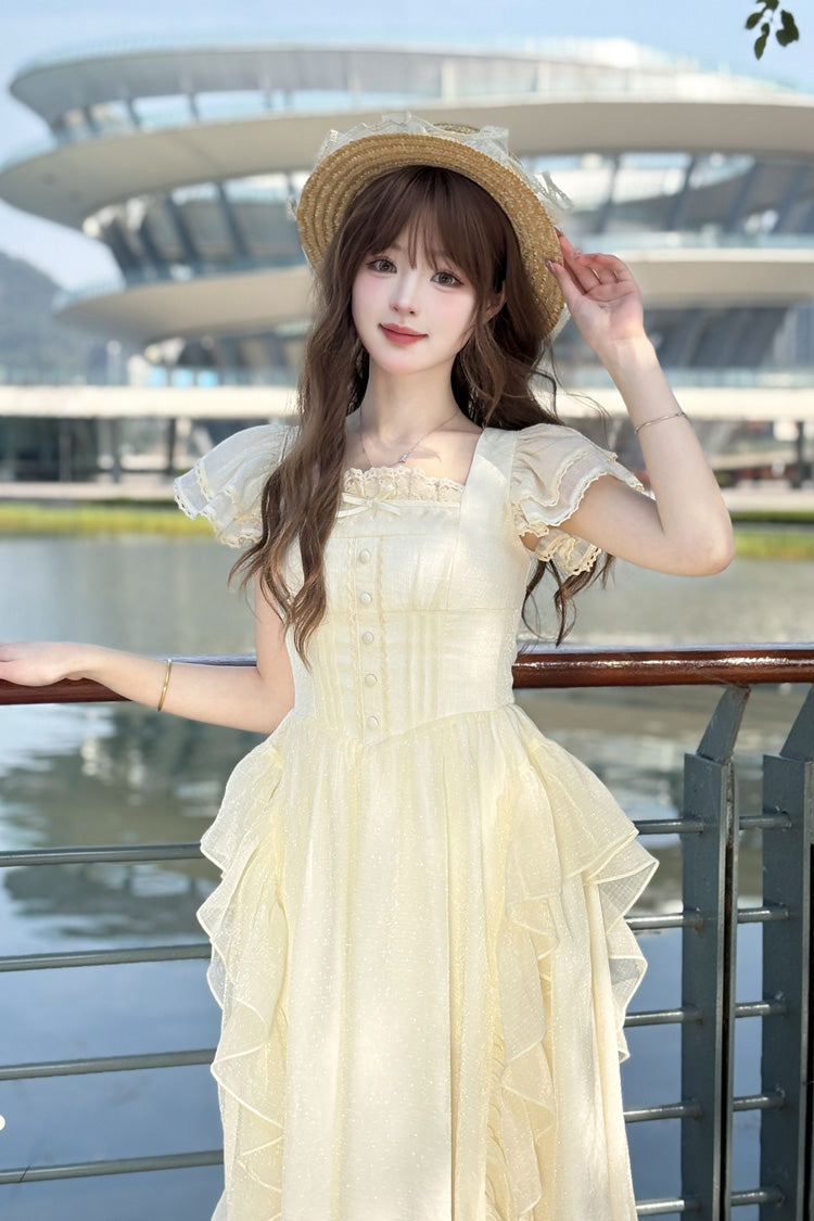 Apricot Sweet Lolita Dress with Square Collar Short Sleeves and Ruffle Trim Accents
