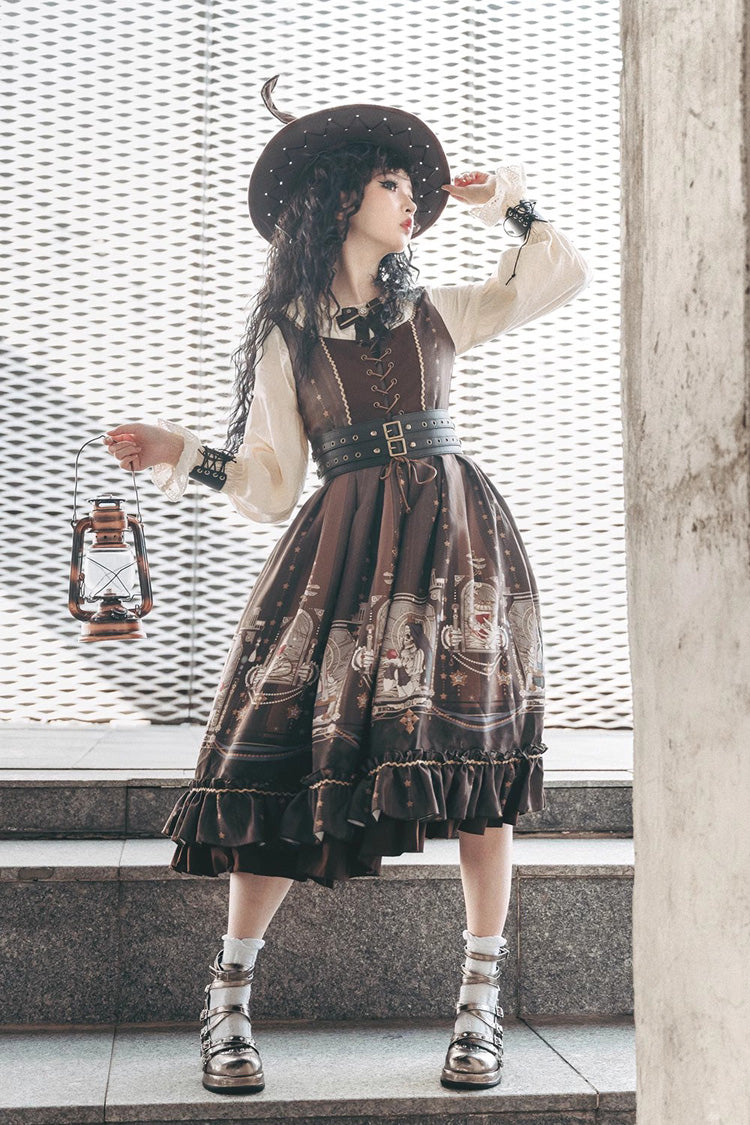 Lantern-Sleeved Lolita Dress with Ruffled Demon Print