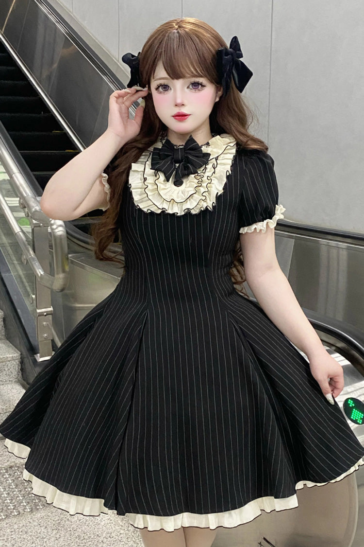 Stripe Print Ruffle Bowknot Sweet Plus Size Maid Black Short Sleeves Dress