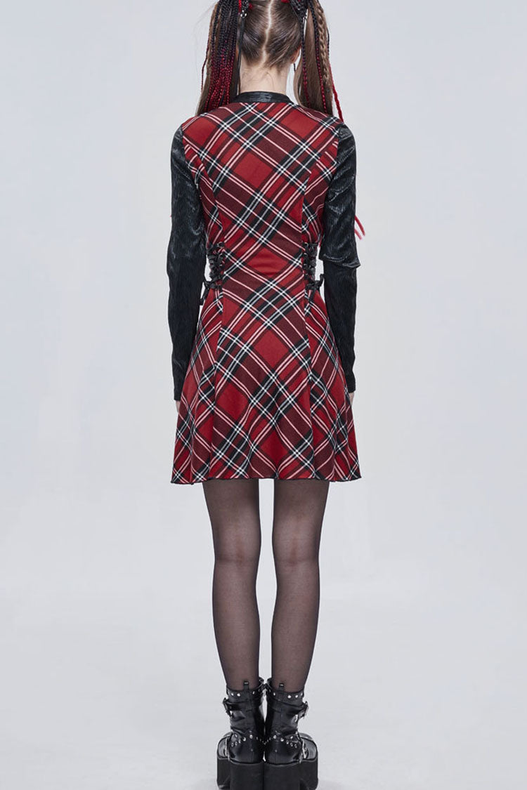 Red Plaid Knit Side Strap Pentagram Punk Dress