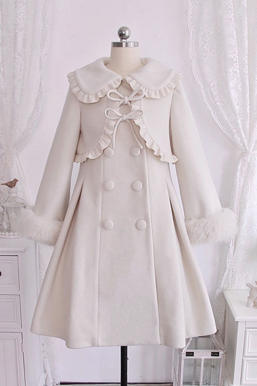 Ivory Woolen Coat with Bow - Double Breasted Lolita