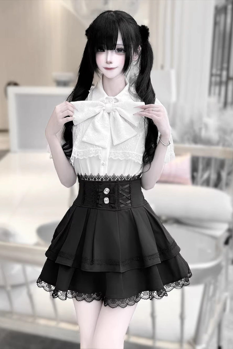 Dark Moon Shadow Double Layered Ruffled Embroidered Lace Up Gothic Lolita Set