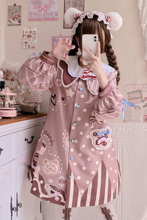 Pink Bear-Print Lantern-Sleeve OP Dress with Lapel Collar