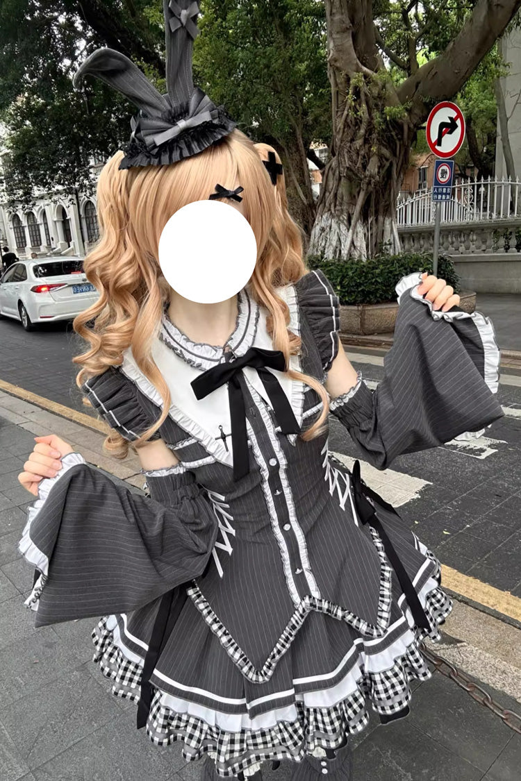 Detachable Hime Sleeve Printed Ruffled Bow Lace-Up Gothic Lolita Set