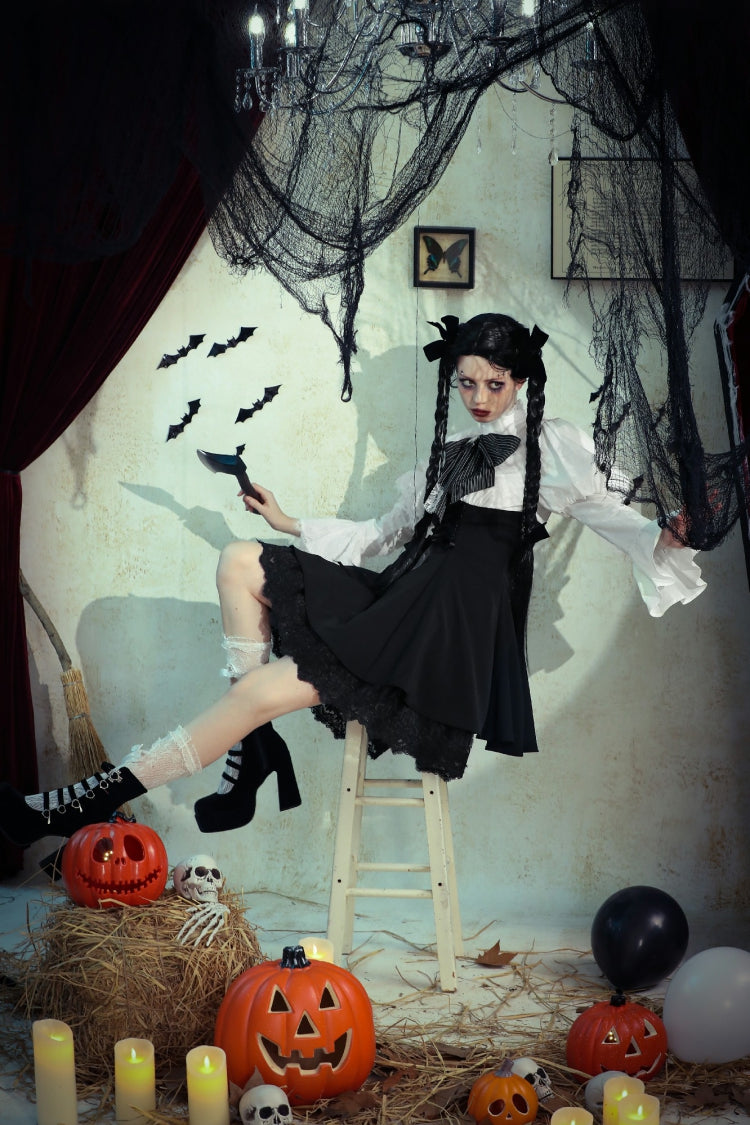 Lace High Collar Asymmetric Long Trumpet Puff Sleeves Bowknot Gothic Short Dress