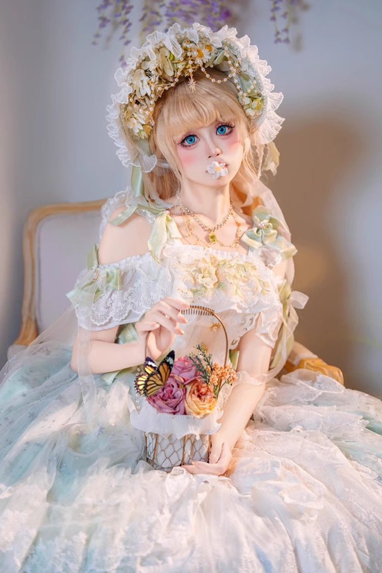 Glazed Phantom Off Shoulder Ruffle Hanayome Bow Lace Elegant Lolita Dress in Green