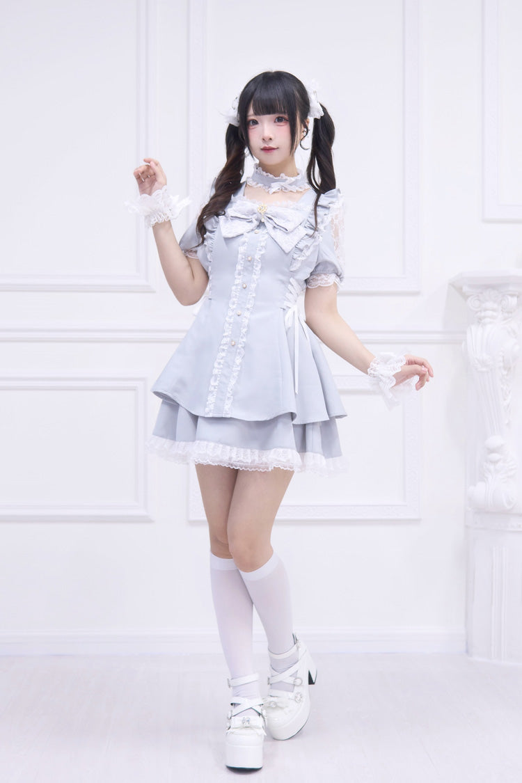Waltz Bow Gothic Short-Sleeve Jirai Kei Dress Set - Light Blue