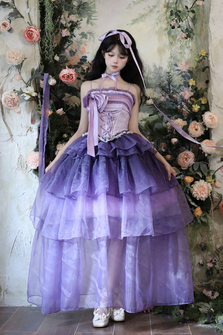 Violet Lily Valley Snow Sleeveless Triple Ruffled Bow Lace-Up Skirt Set