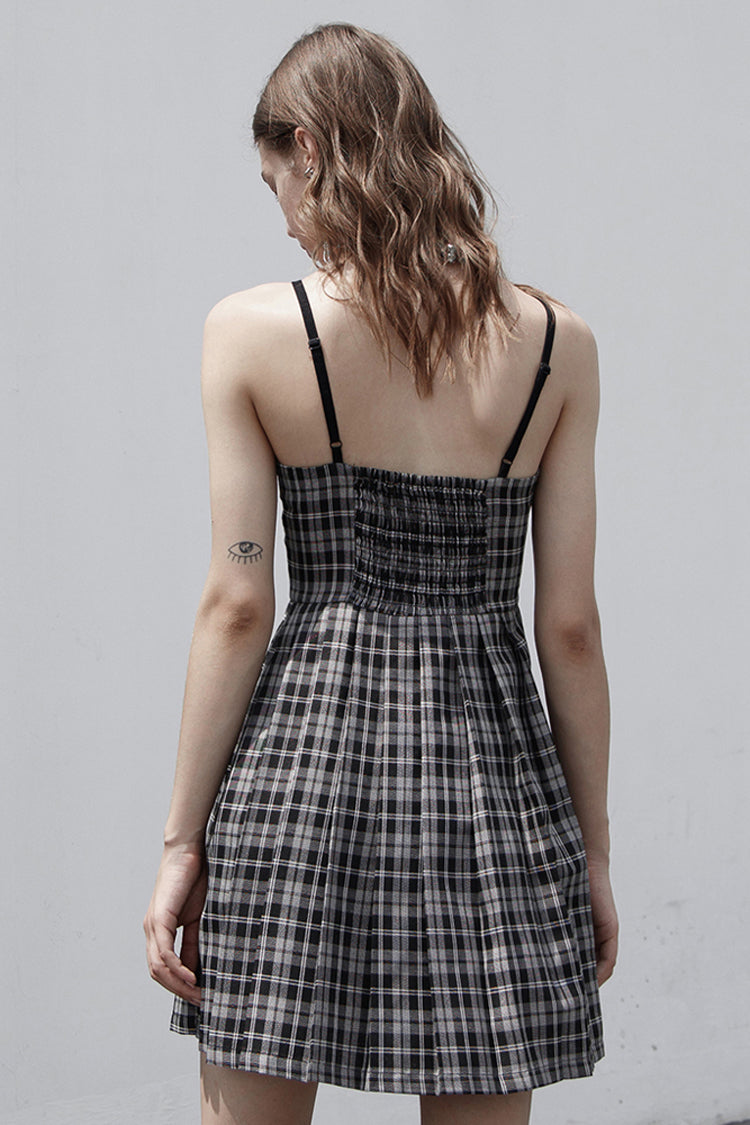 Plaid Front Chest Bow Decoration Punk Slip Dress - White/Black