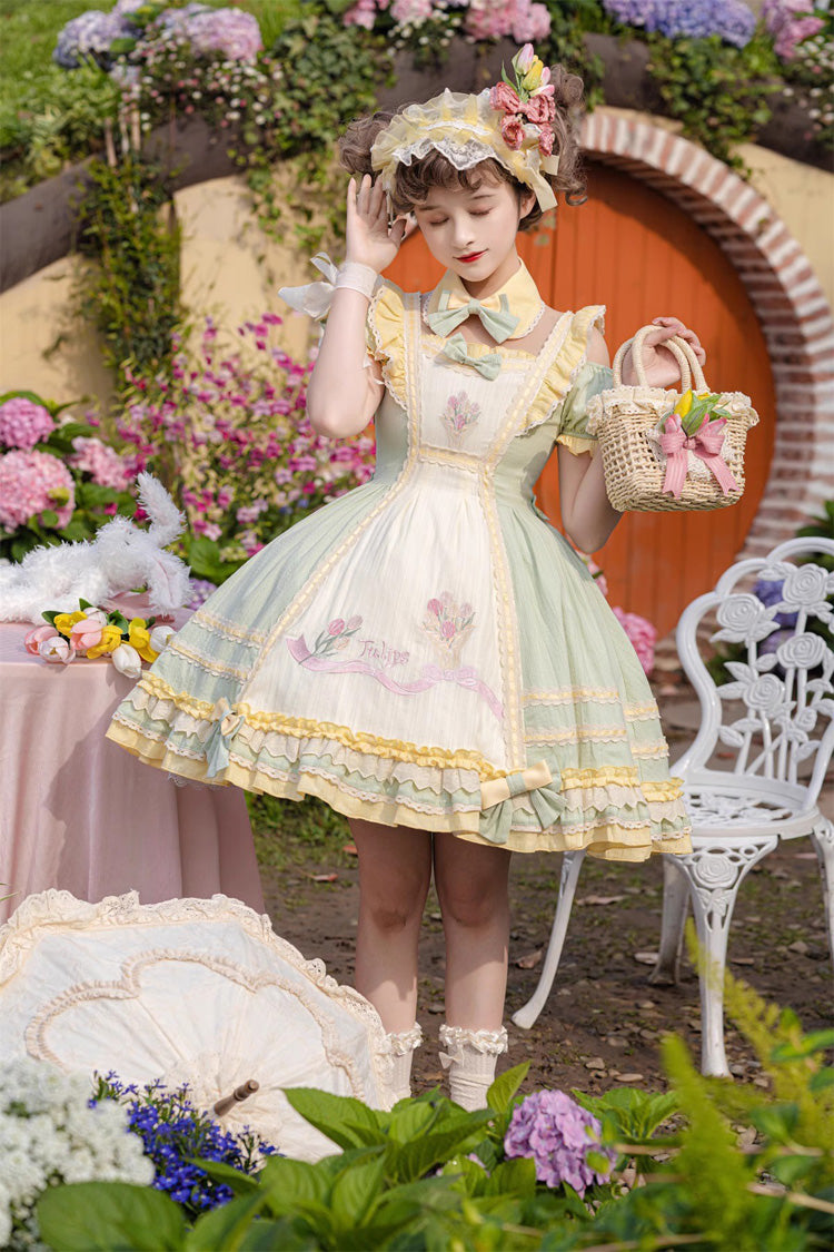 Green Tulip Print Short-Sleeve Ruffle Bow Sweet Lolita Dress