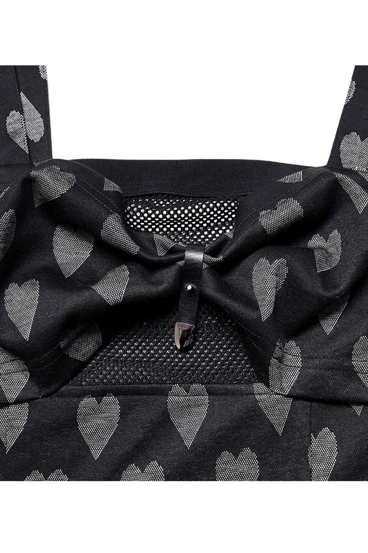 Heart Print Suspender Hollow Mesh PU Buckle Bow Dress - Punk