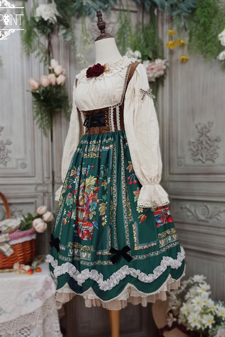 Green Velvet Classic Lolita JSK Dress with Berries and Birds Print Ruffle Bowknot