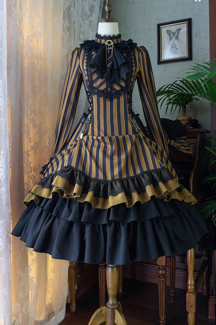 Point Manor Stand Collar Long Sleeves Multi Layer Striped Printed Ruffle Gothic Lolita Dress