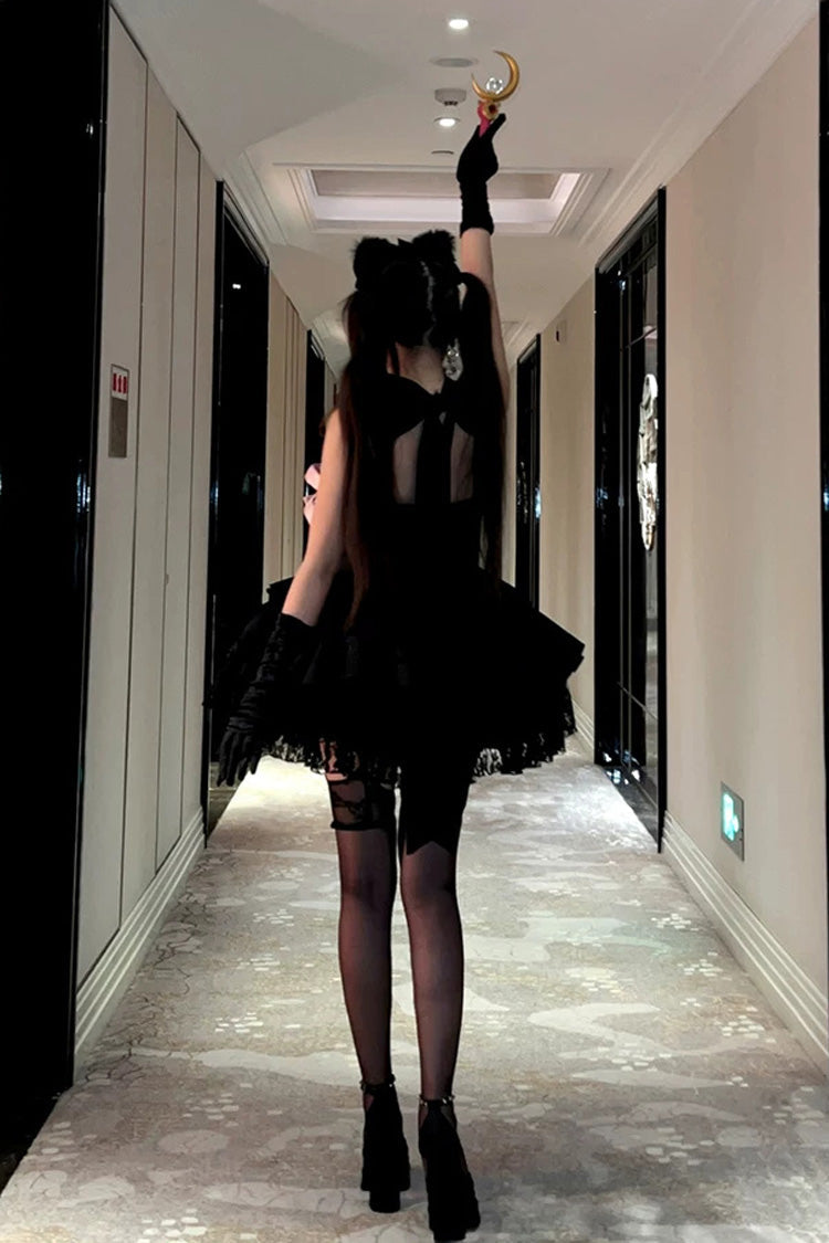 Princess Ballet Gothic Lolita JSK Dress with Ruffled Bow and Lace-Up - Black