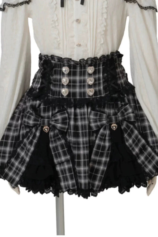 Plaid Printed Ruffled Bow Gothic Japanese Skirt - Jirai Kei