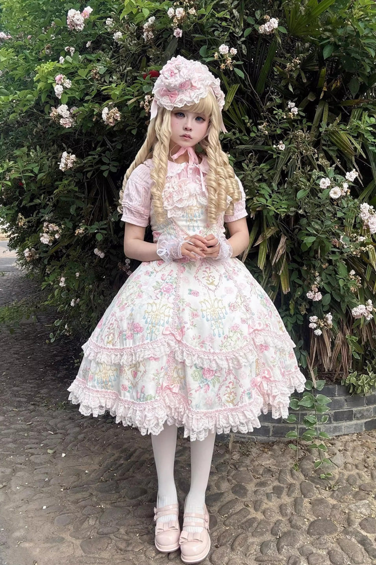 Ivory & Pink Sleeveless Floral Wall Print Lace Bow Sweet Lolita JSK Dress