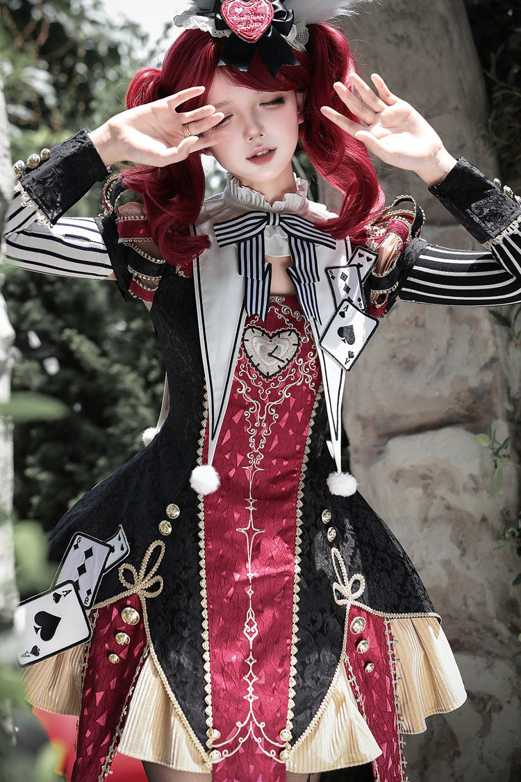 Black/Red Stand Collar Gothic Dress Set with Jacquard