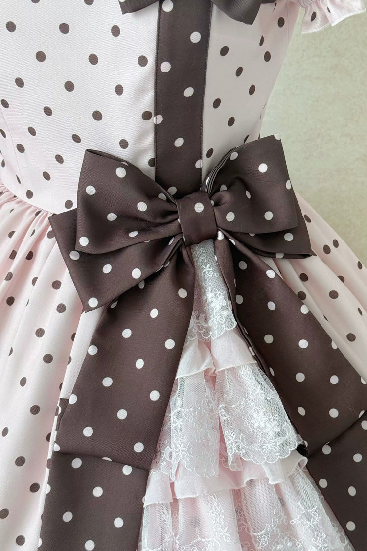 Canelé Gift Box Round Collar Short Sleeves Double-Layered Printed Polka Dot Ruffled Open-Front Bow Asymmetric Sweet Lolita Dress V2 - Pink