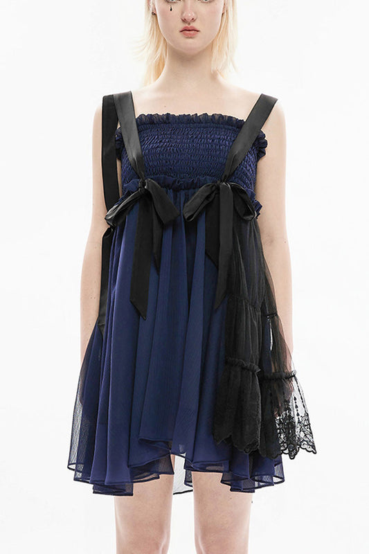 Blue Strap Big Bow Streamer Stitching Lace Suspender Gothic Dress