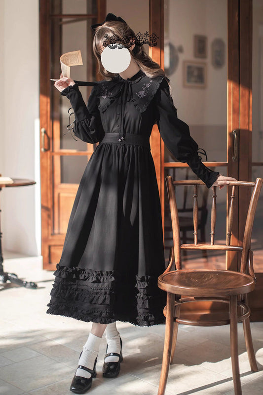 Black Long Sleeve Embroidered Bow Gothic Vintage Dress - Wind Kissed Tulips
