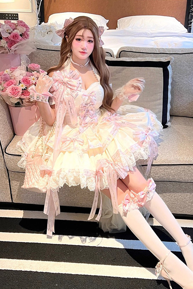 Pink Halterneck Sleeveless Multi-Layered Ruffle Bow Sweet Dress