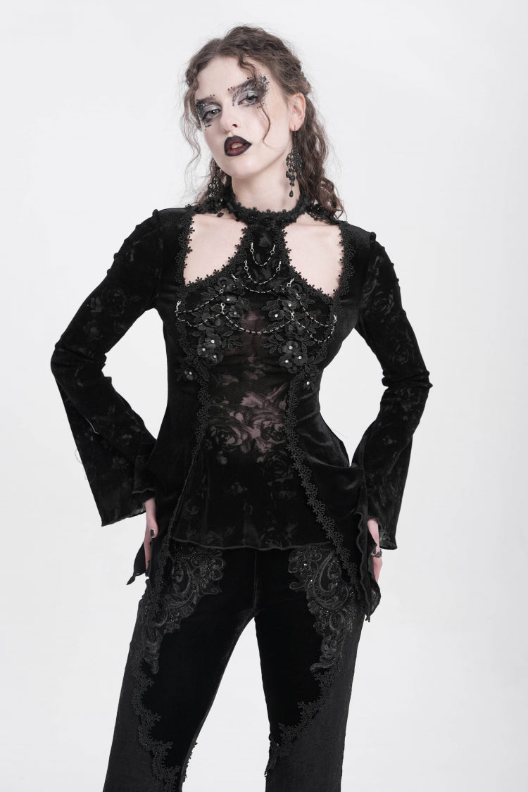 Graceful Black Jacquard Embroidered Trumpet Sleeve Halter Gothic Blouse