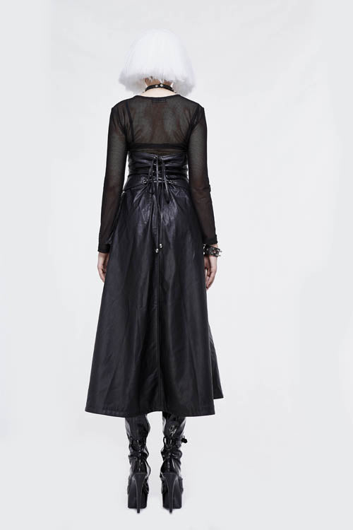 Big Swing Half Skirt in Leather with Chain Ribbons and Zip