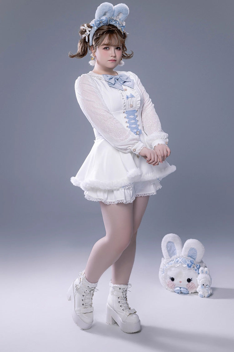 Ivory Ruffled Bow Lace-Up Jirai Dress with Plush Shorts