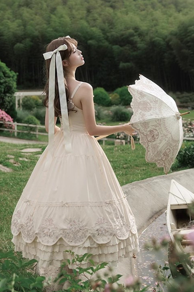 Apricot Princess Lolita JSK Dress with Triple-Layer Ruffles Embroidery Bowknot and Lace