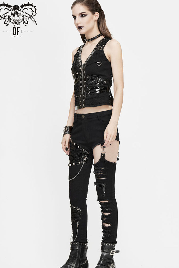 Asymmetrical Mesh Punk Waistcoat with Metal Accents