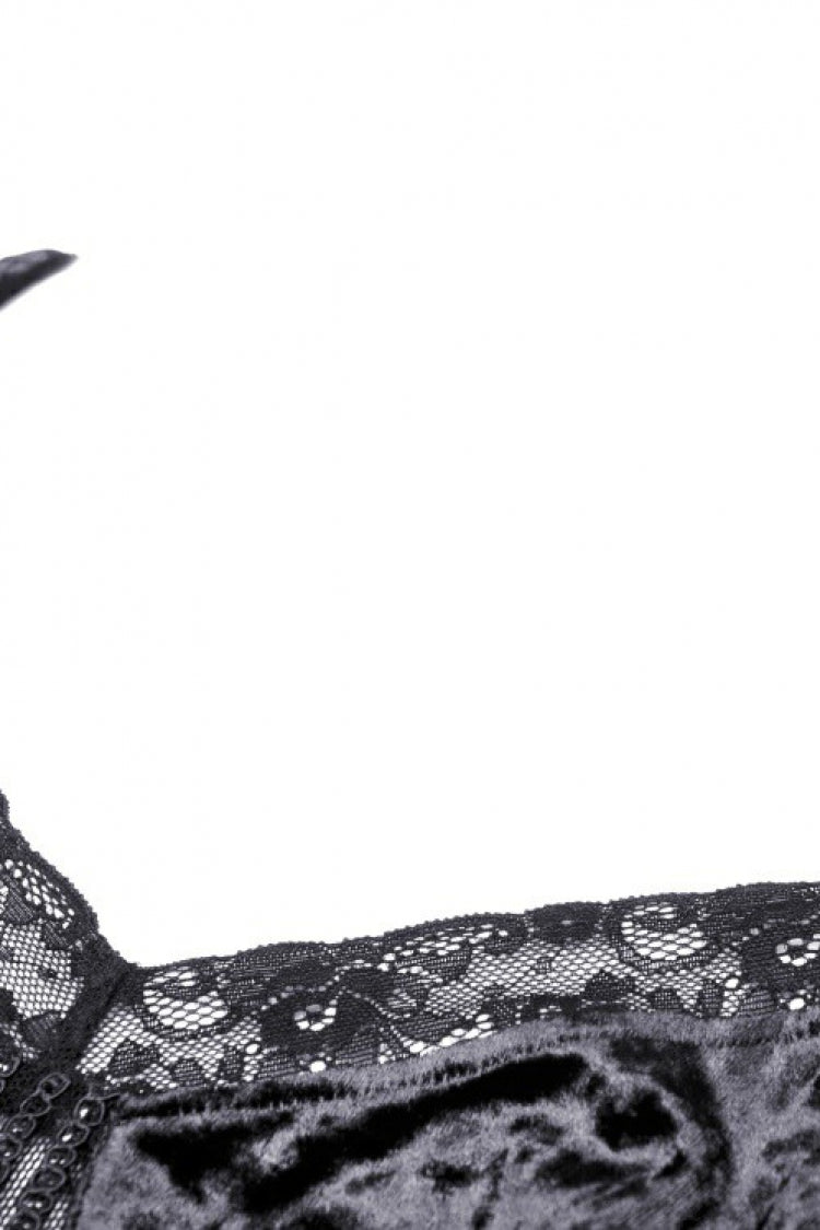 Onyx Velvet Gown with Puffed Sleeves and Asymmetric Lace Trim