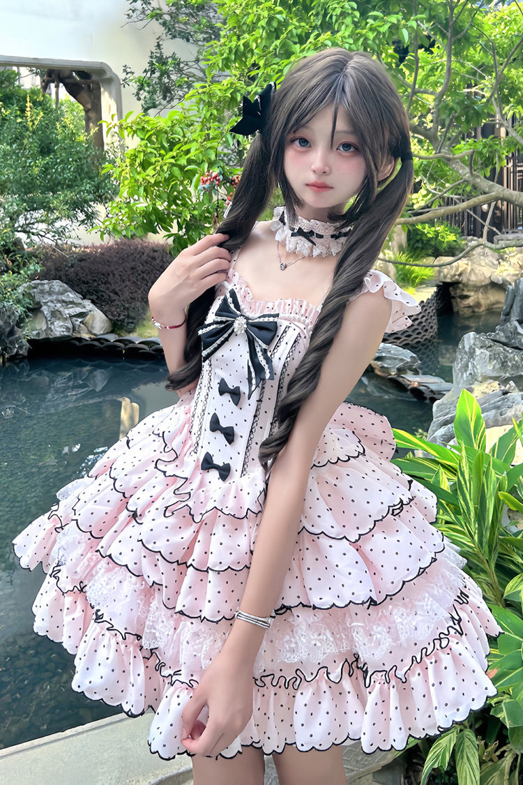 Pink Sleeveless Polka-Dot Multi-Layer Ruffle Bow Sweet Princess JSK Dress
