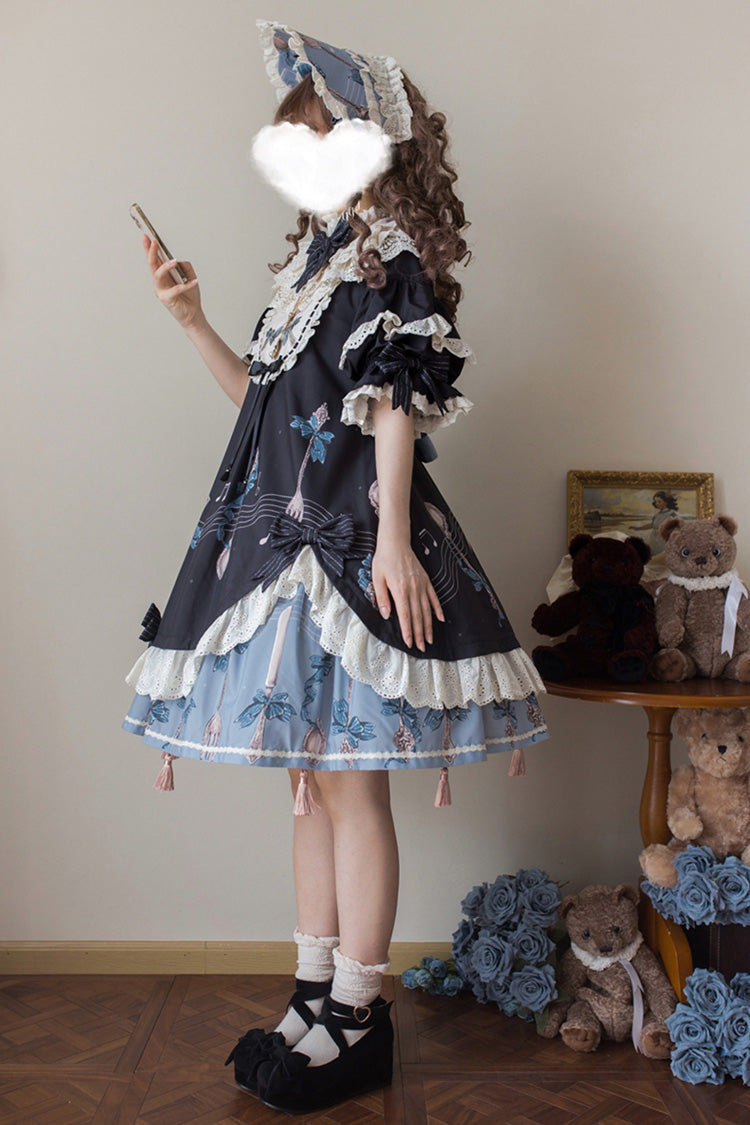 Navy Witch's Banquet Round-Collar Short-Sleeve Printed Ruffled Embroidered Bow Asymmetric Sweet Lolita Dress