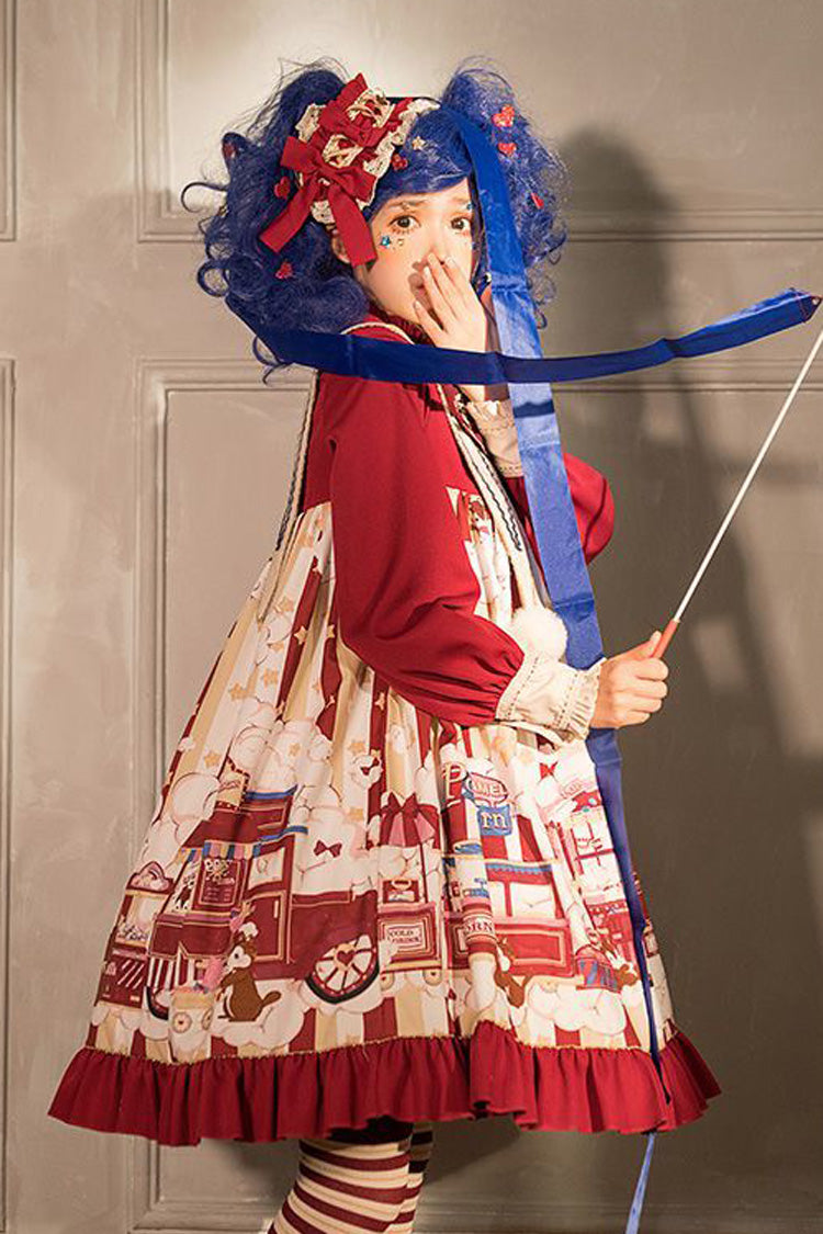 Crimson Lapel Bow Lantern Sleeve Popcorn Print Lolita OP Dress