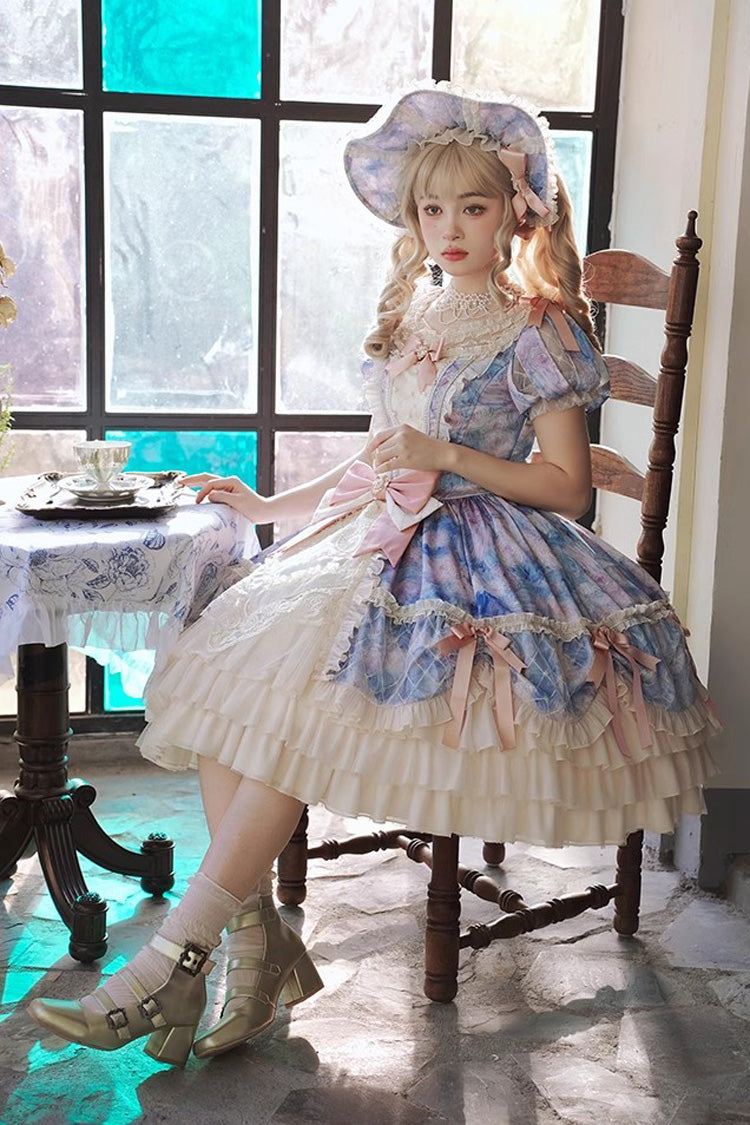 Angel Heart Sky Oil Painting Printed Bow Cardigan Sweet Lolita Dress - Multi-Color