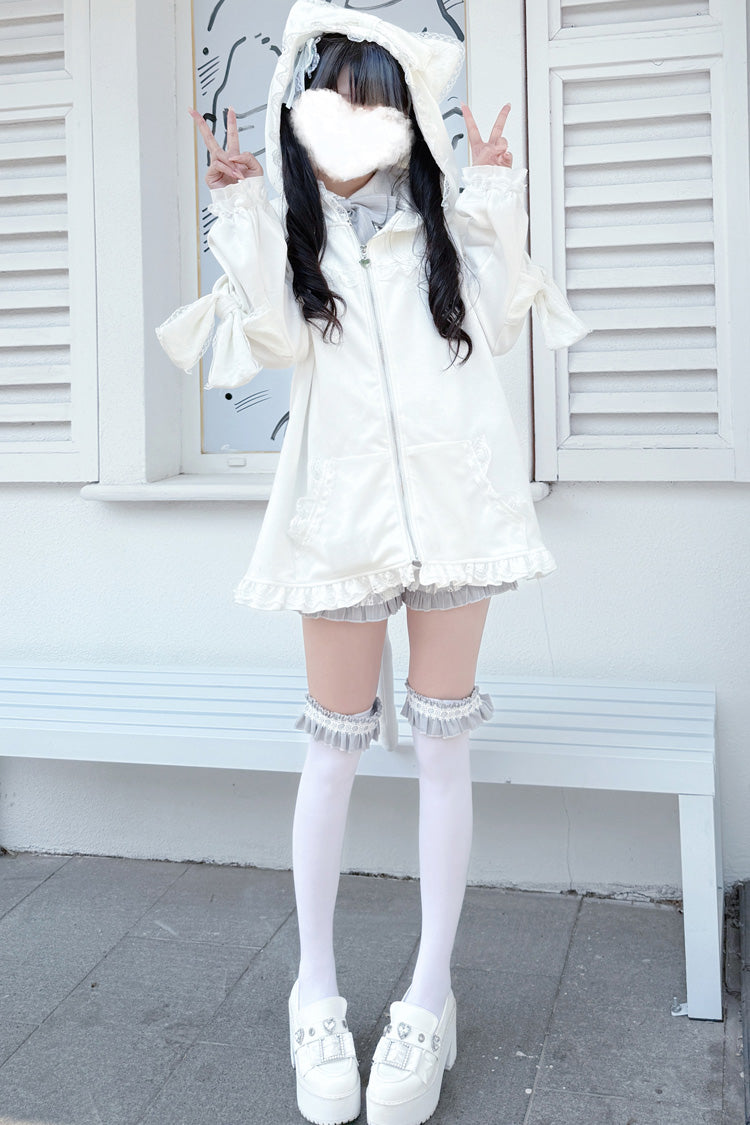 White Cat-Ear Hooded Frilly Bow Gothic Jirai Kei Coat