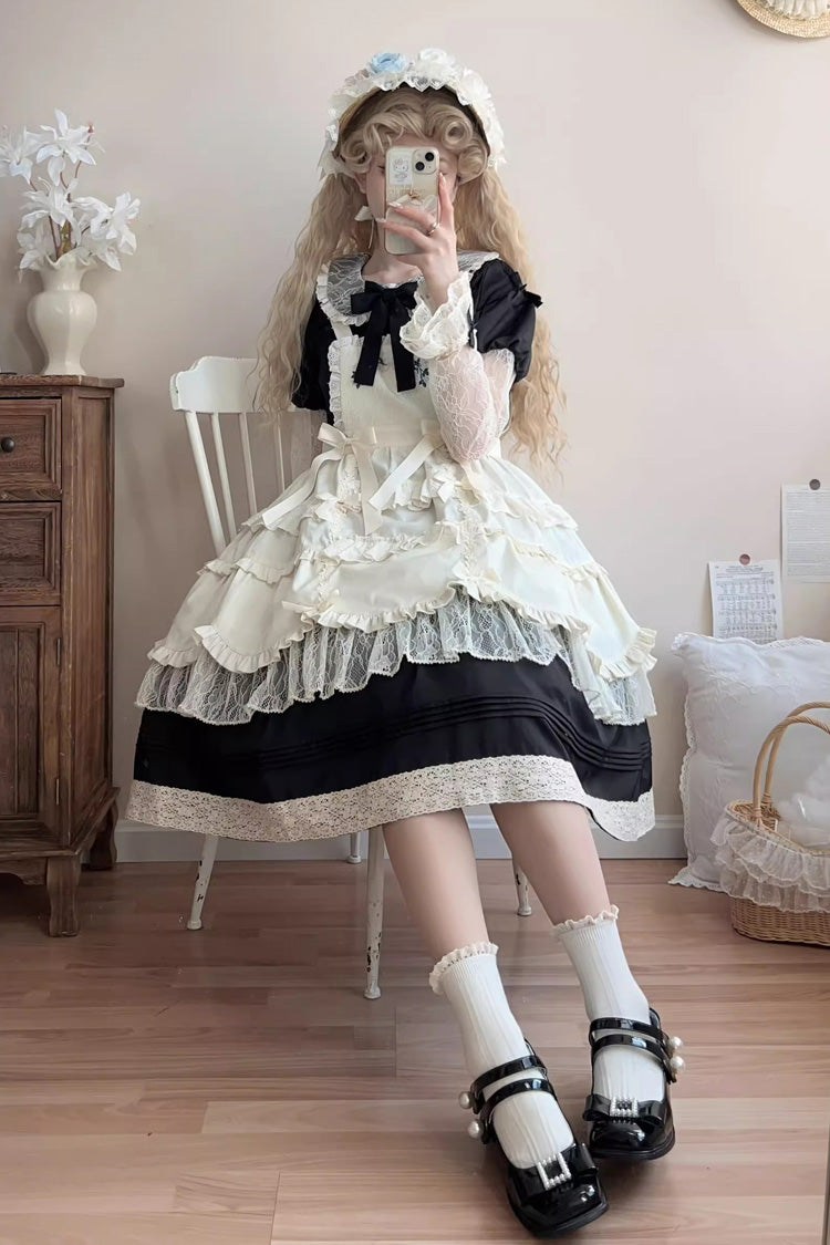 Lapel Collar Long Sleeve Embroidery Bow Lace Sweet Lolita Dress - Black