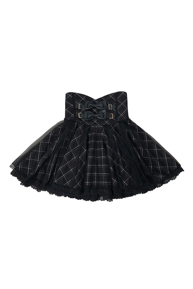 Plaid Bow Classic Jirai Kei Skirt Ensemble with Off-Shoulder Sleeves
