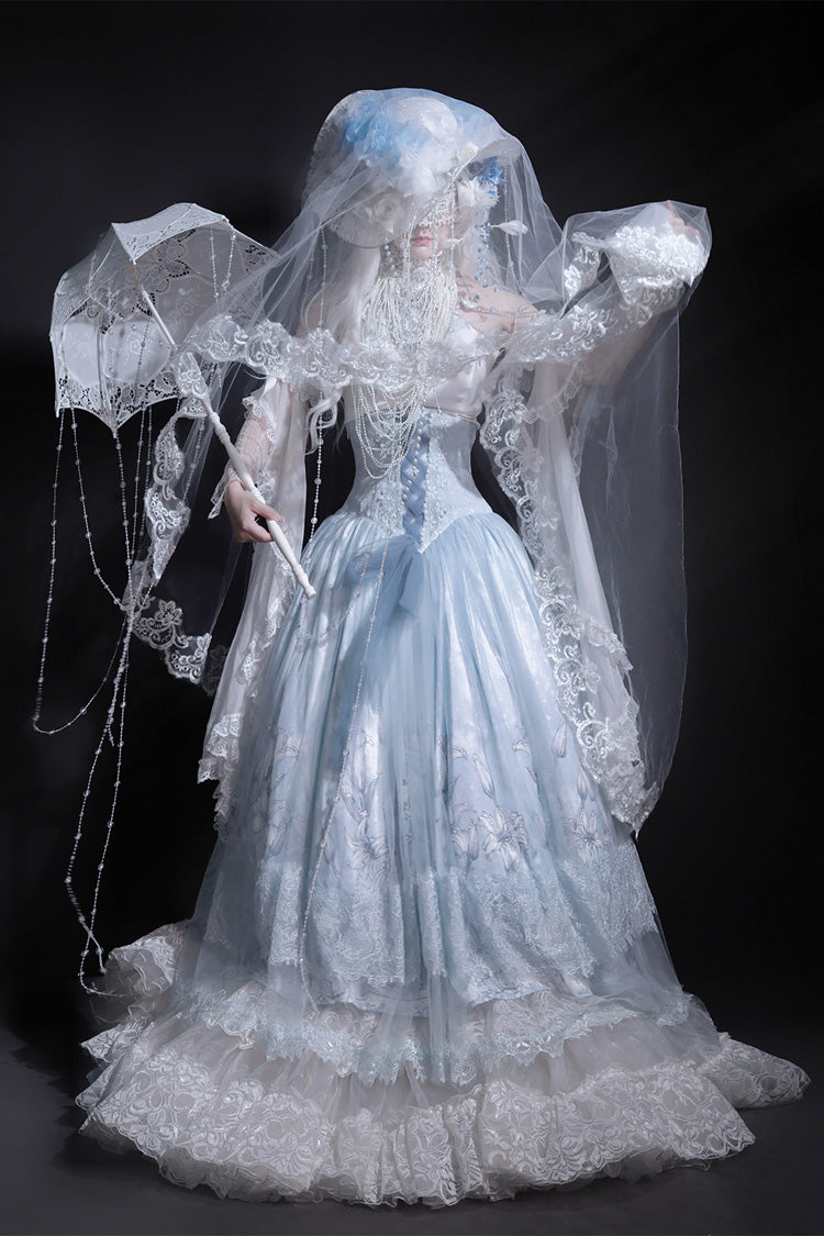 Snow Lily Print Ruffle Hanayome Embroidery Lace-Up Elegant Princess Lolita Skirt Set in Blue