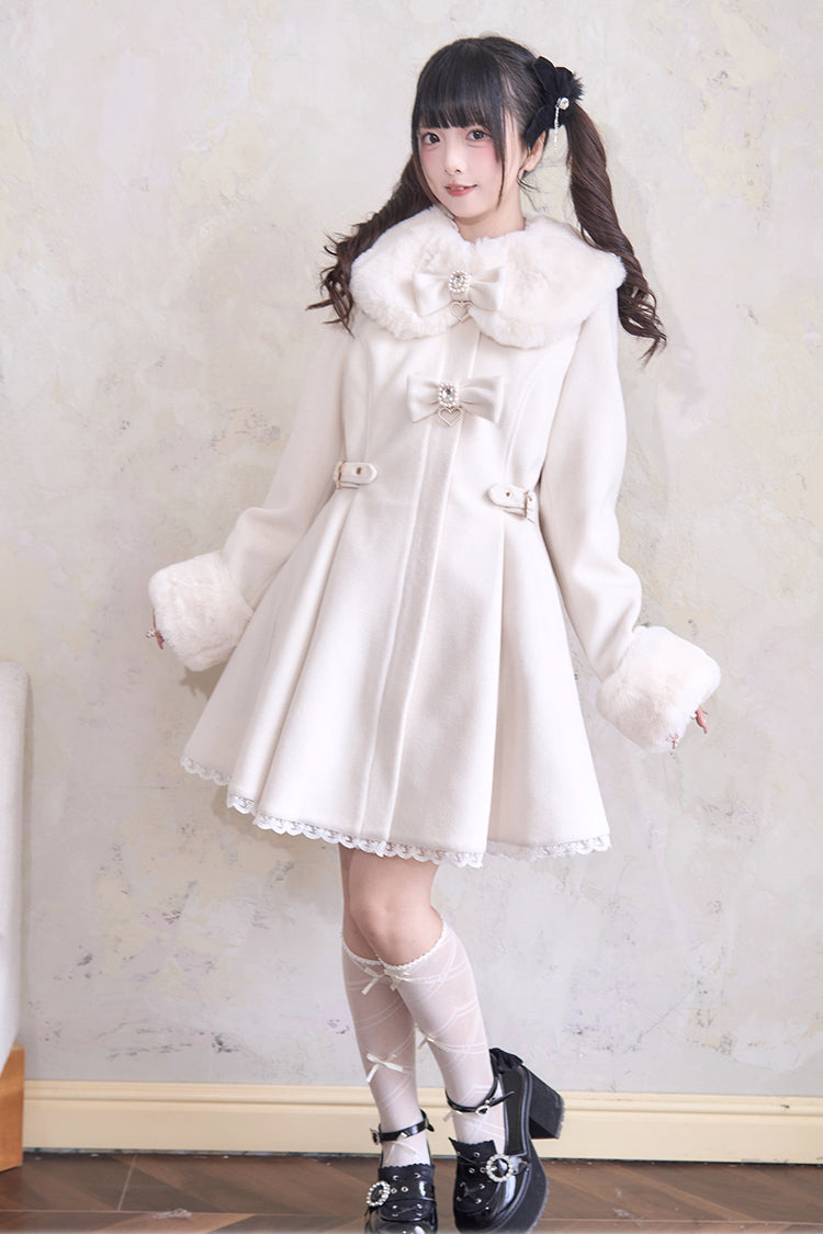 Plush Collar Waist-Cinched Long Sleeve Bow Lace Coat - Lolita Outerwear
