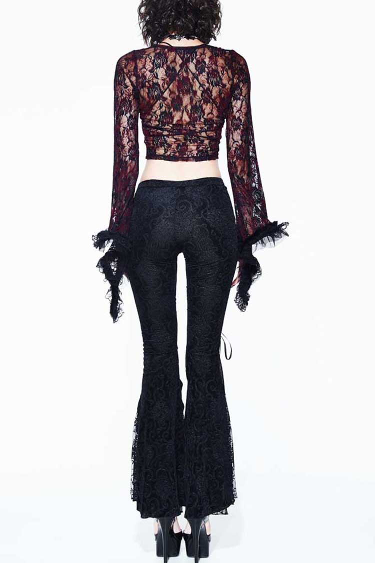 Lace-Up Flared Velveteen Gothic Pants with Pattern