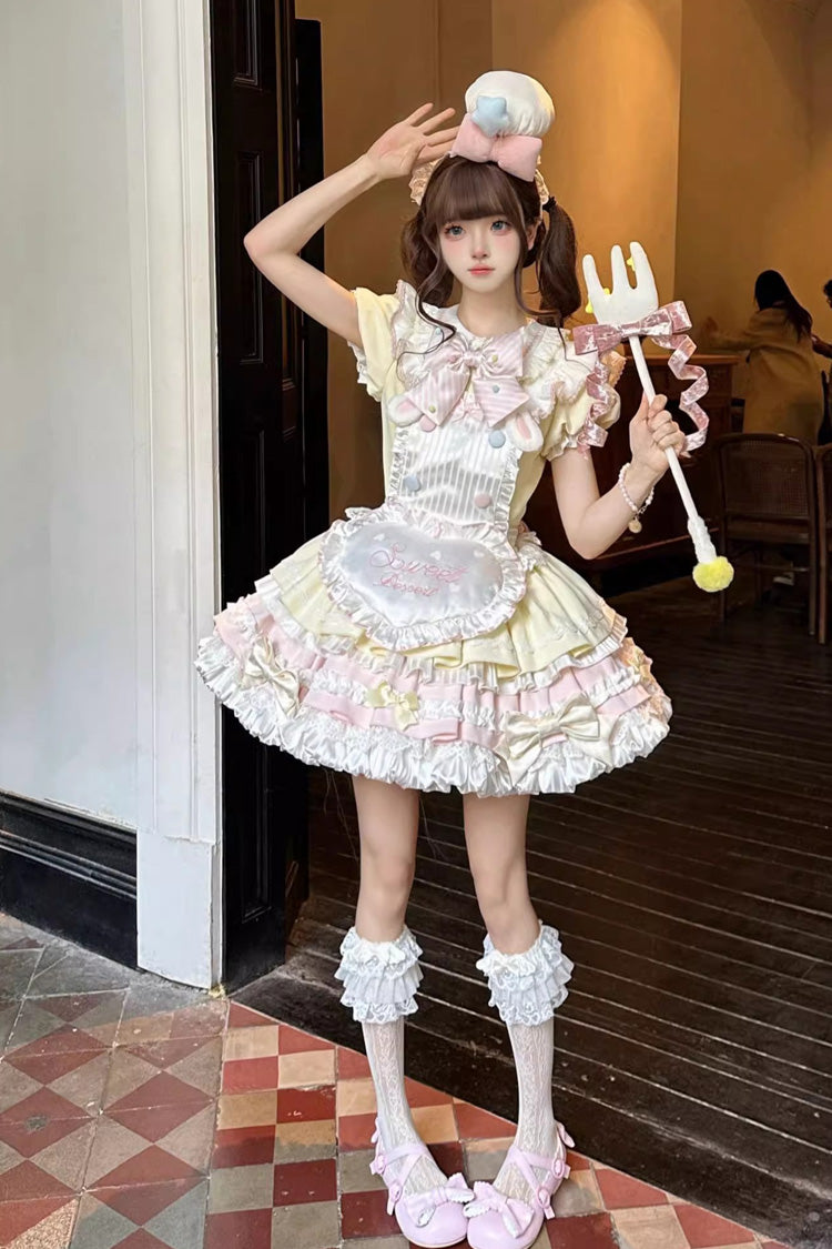 Yellow Pink Short Sleeve Multi-Layered Ruffle Bowknot Sweet Dress