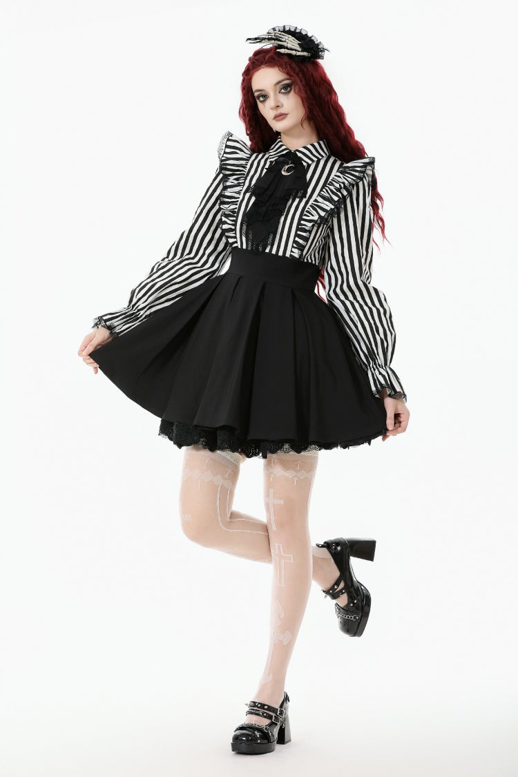 Striped Lapel Collar Long Sleeves Moon Lace Bow Ruffled Pleated Gothic Dress