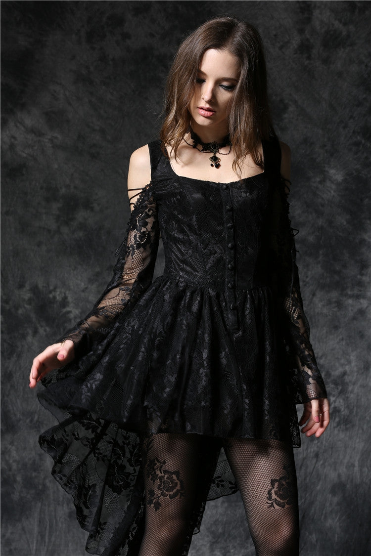 Square Collar Long Sleeves Overlay Embroidered Lace Gothic Dress