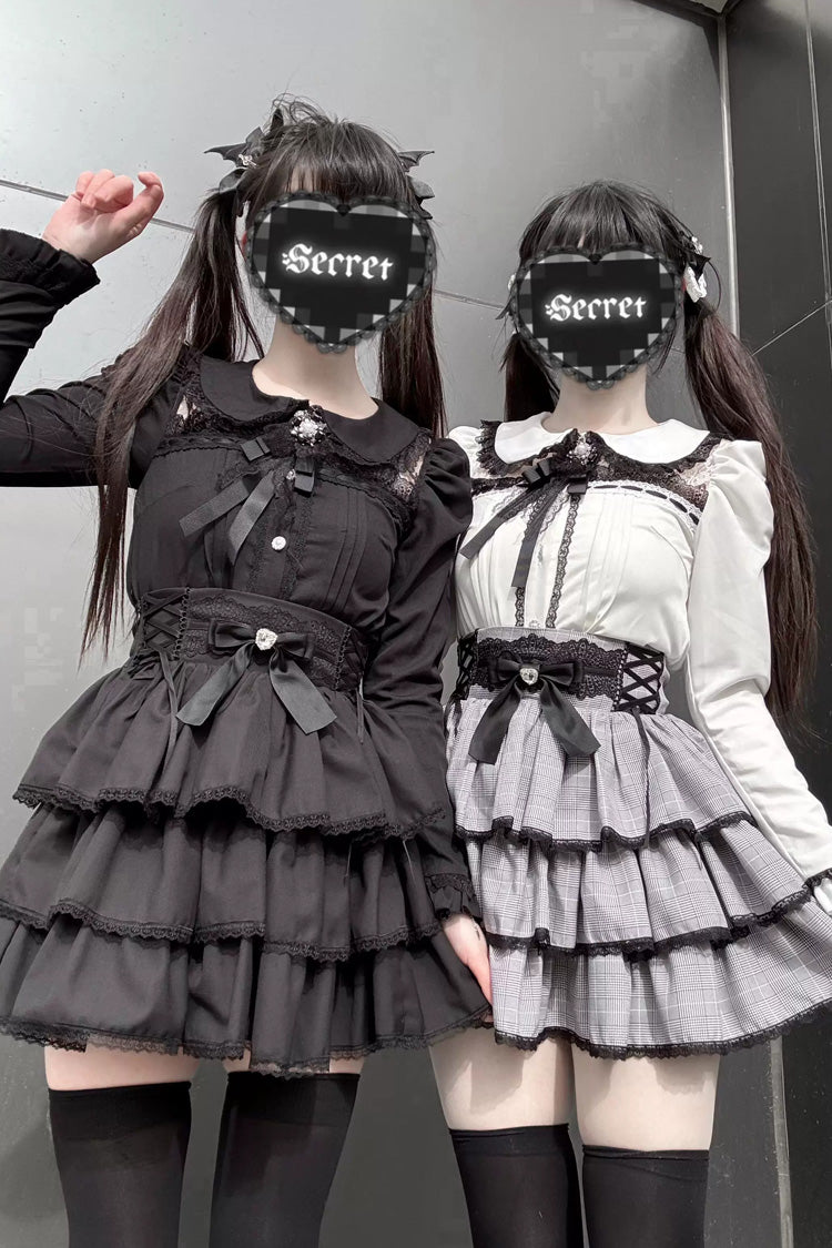 Doll Collar Triple Layered Ruffled Bow Lace Jirai Skirt and Blouse Set in Two Colors