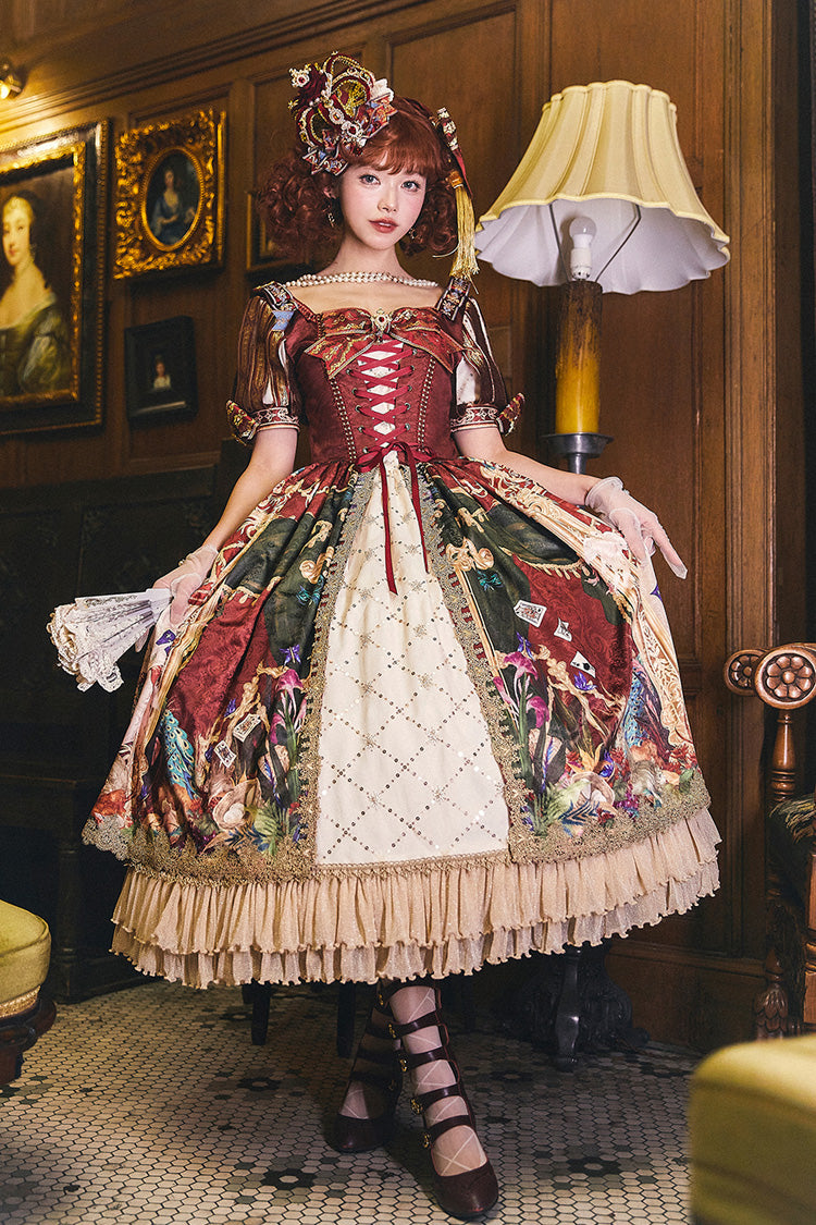 Red Kaleidoscope of Dreams Double-Layer Print Embroidery Bow Lace-Up Classic Vintage Gorgeous Lolita