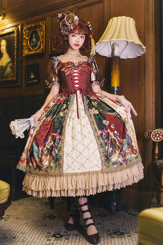 Red Kaleidoscope of Dreams Double-Layer Print Embroidery Bow Lace-Up Classic Vintage Gorgeous Lolita