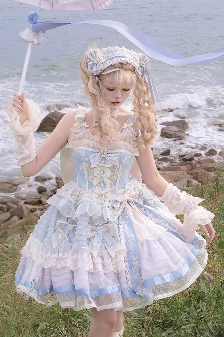 Moonstone Sleeveless Ruffle Embroidery Bow Lace Fishbone Princess Dress in Blue