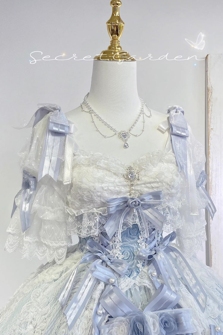 Blue Diane Rose Short Sleeve Jacquard Ruffle Cardigan Bow Lace Sweet Lolita Dress